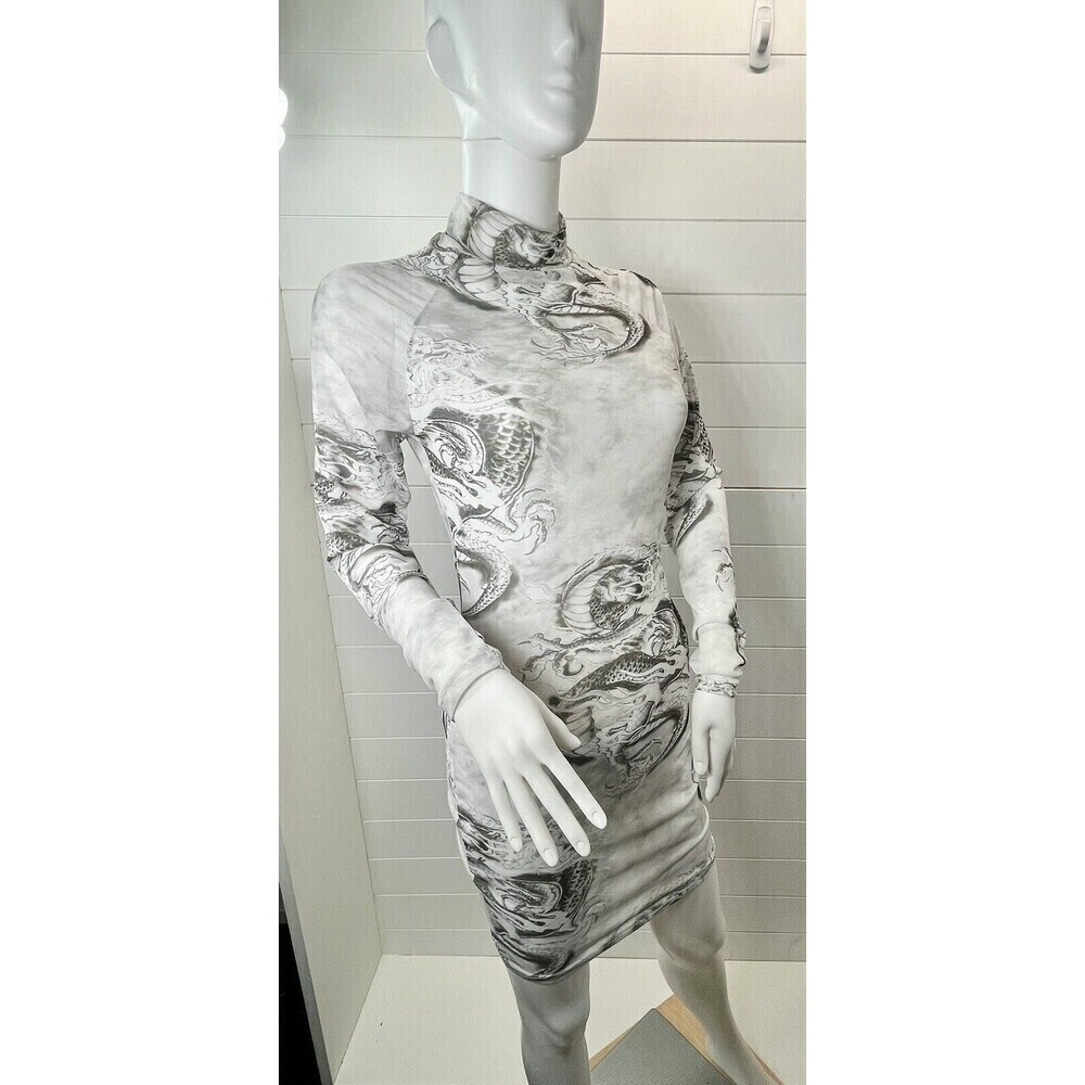 Y2K Dragon Mesh Sheer/Cover Up Dress L Whimsy Goth Punk Rave White/Grey
